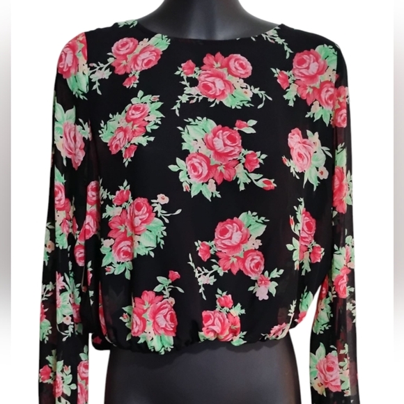 GUESS | ROSESROSESROSES 🌹 Sheer Long Sleeve Cropped Top & Open V Back Medium - Picture 9 of 10